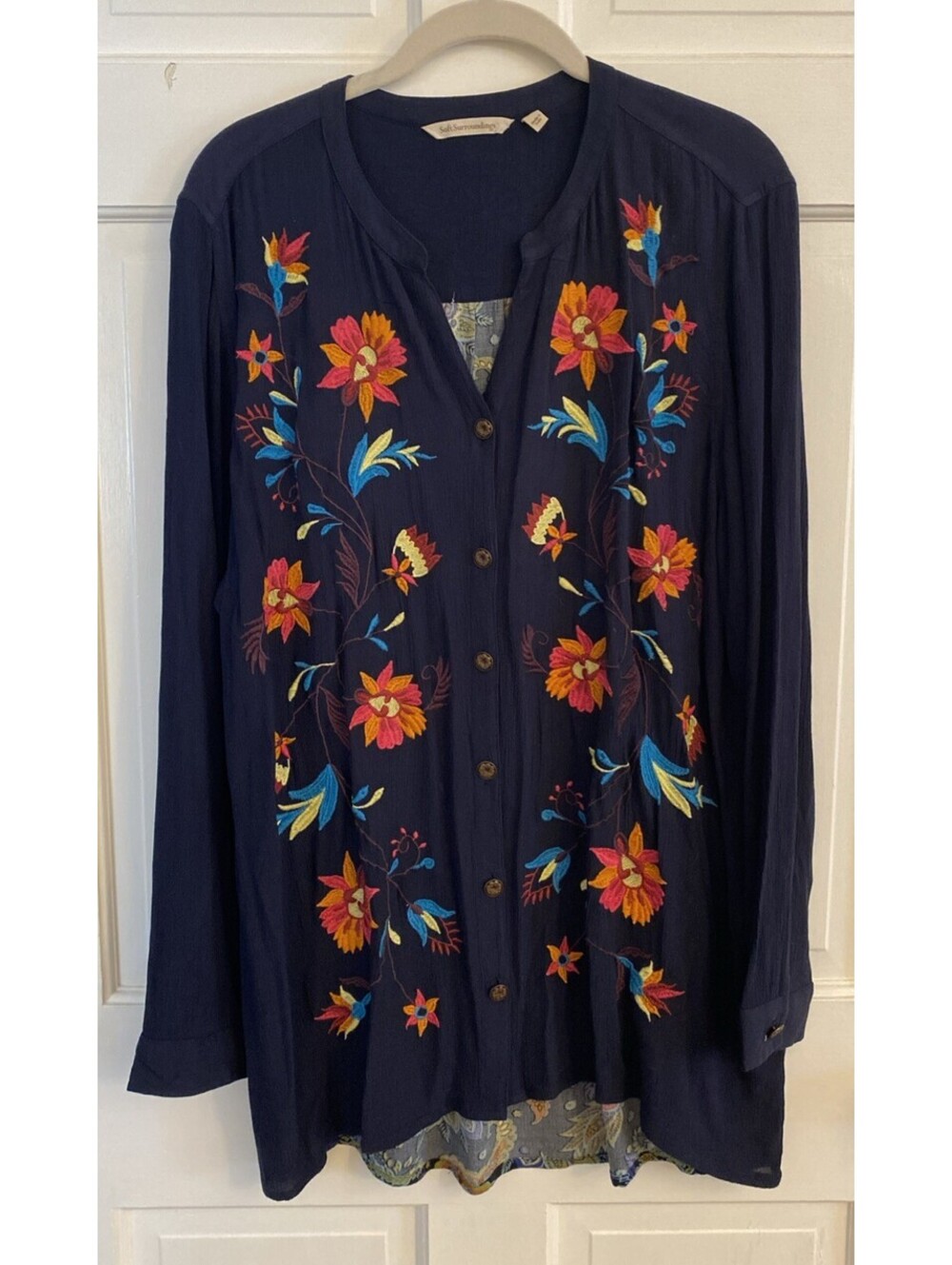 Soft Surroundings Boho Navy Blue Floral Paisley Embroidered Button Up Shirt XL